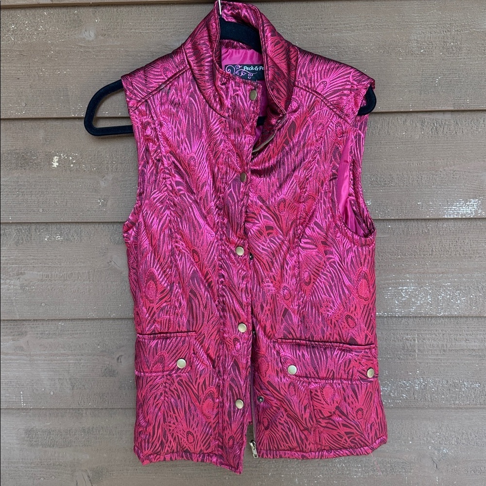 Peck & Peck Maroon Metallic Quilted Vest with Peacock Feather Design size S